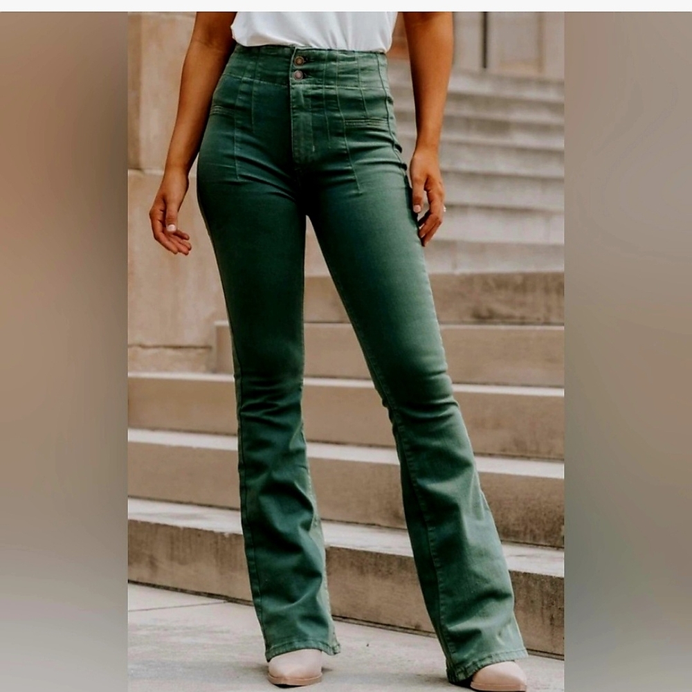 We The Free Green Flare Wide Leg Jeans
